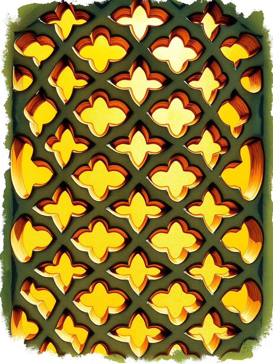 Carved stone mashrabiya screen with a star-and-polygon lattice lit from behind in gold