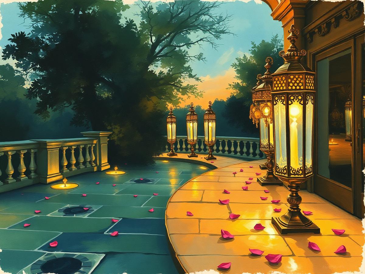 Rows of pierced brass lanterns glowing along a stone terrace at dusk