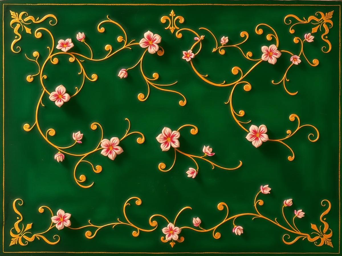 Gold arabesque scrollwork and rose blossoms painted on a deep emerald enamel panel