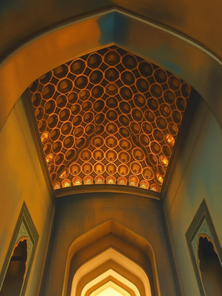 Gilded muqarnas honeycomb vaulting inside a pointed Mughal archway